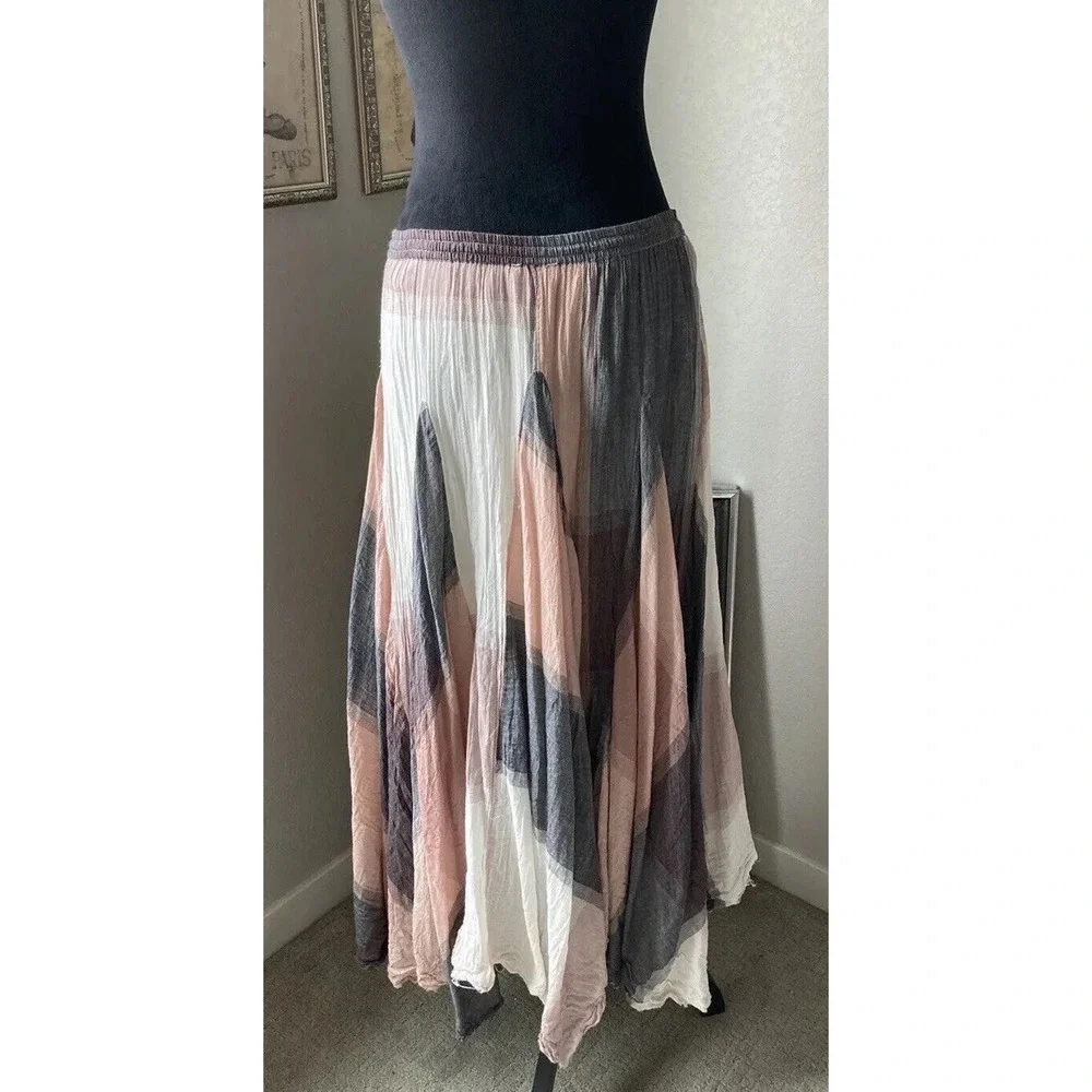 Sundance Boho Long Layered Peasant Skirt Lagenlook Women XS Pink Gray Plaid - Picture 4 of 13